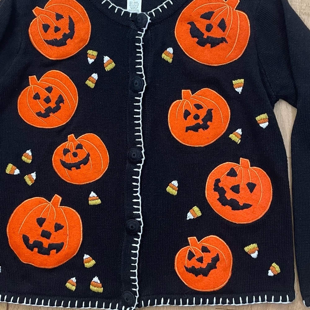 VTG Halloween Cardigan Pumpkin 90s Granny Embroidery Black Med Teacher Sweater - Picture 4 of 16